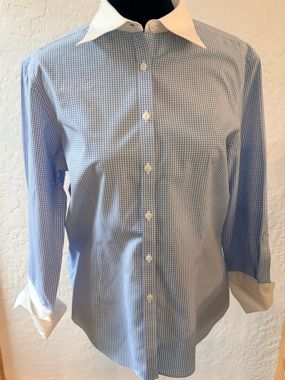 Brooks Brothers Blue Micro-Gingham Blouse with White Collar & Cuffs